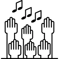 Multiple raising hands with musical notes
