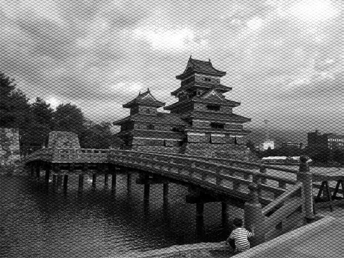 Japanese building and bridge