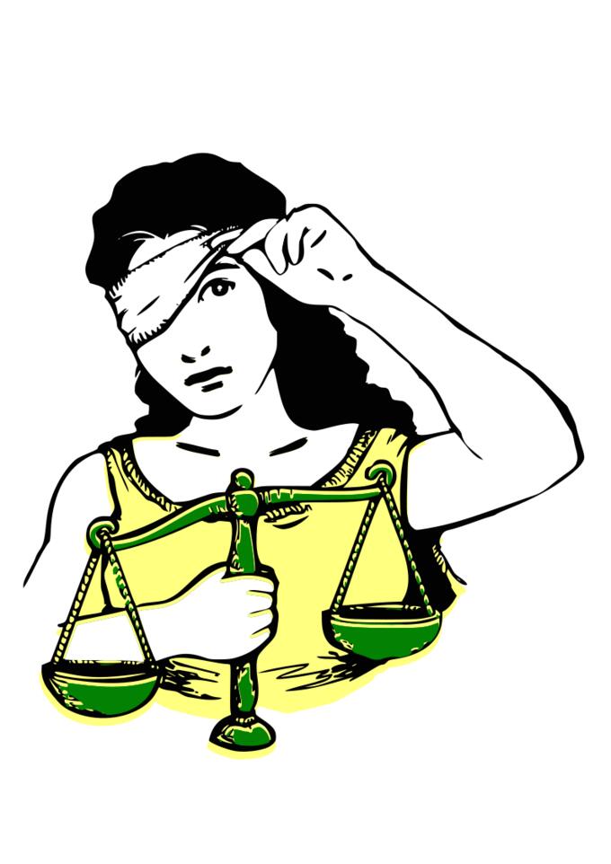 Peeking lady with justice scale