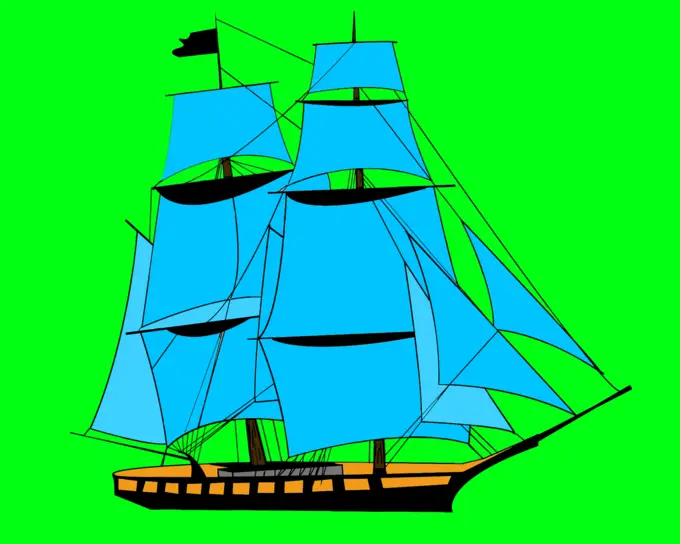 Ship with blue sails