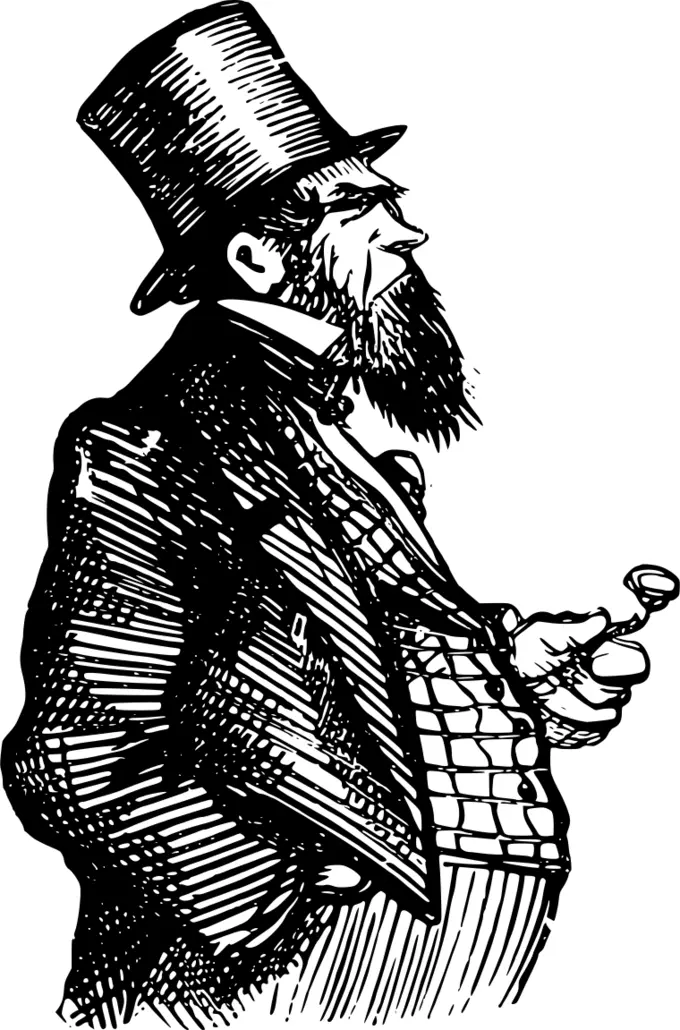 Black and white llustration of gentleman in suit with pipe