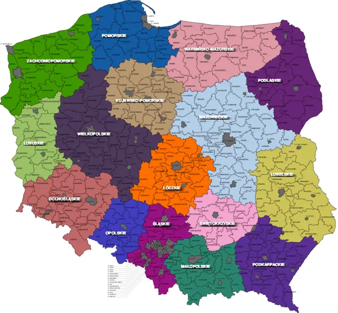 Districts of Poland map vector clip art
