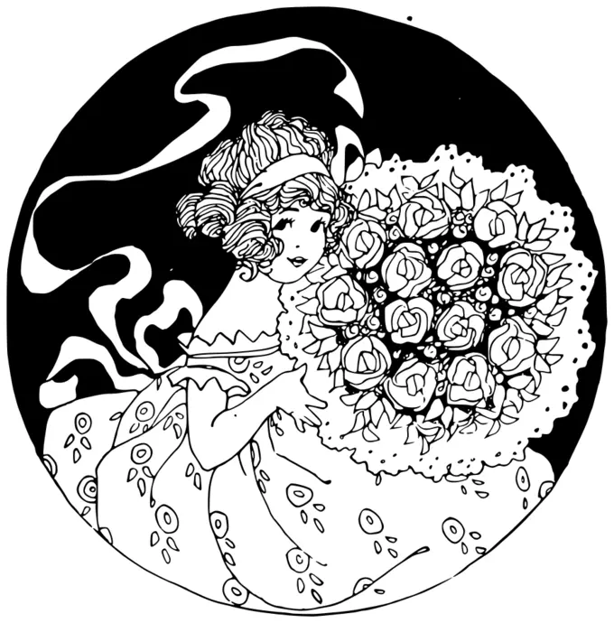 Vector drawing of girl holding a roses bouquet