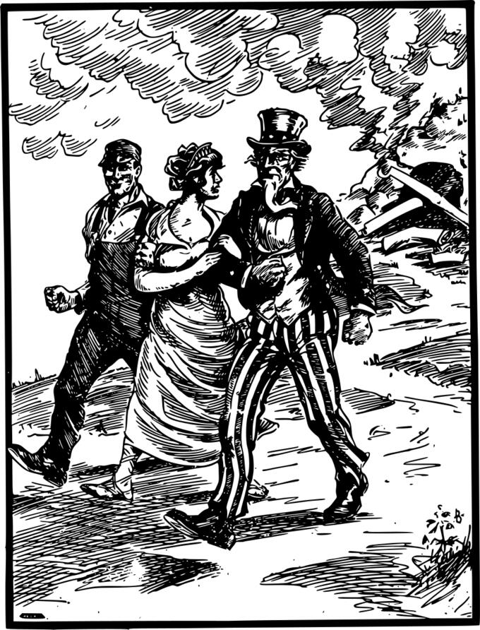 Uncle Sam, Lady Liberty and a worker escaping a wreckage