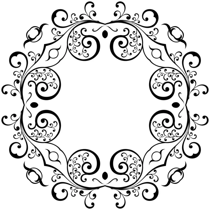 Vector image of flourish black and white round frame