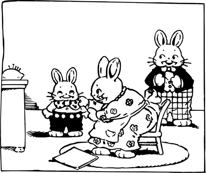 Vector image of family of pudgy rabbits in the living room