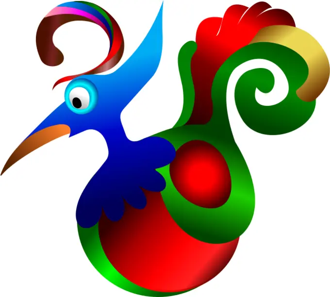 Vector drawing of blue,cartoon red and green decorative bird
