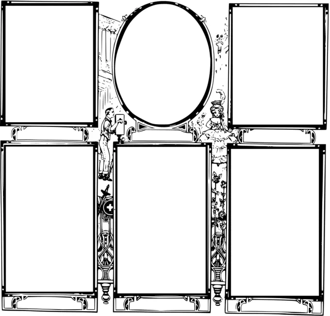 Vector drawing of six frames with man and woman