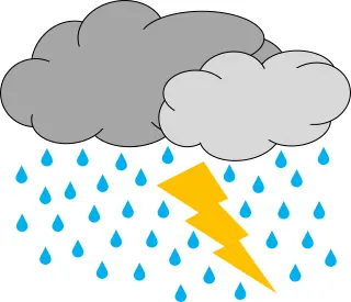 Vector image of two clouds with rain and lighting weather icon