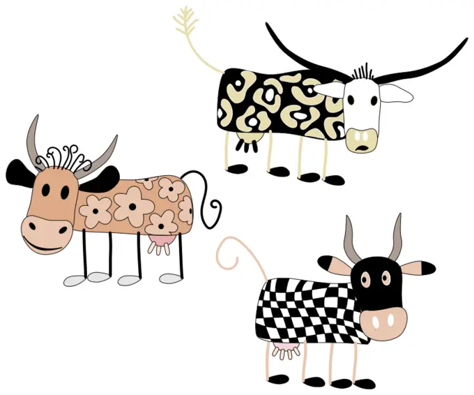 Vector graphics of decorated cartoon cows set