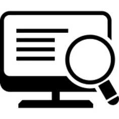 Desktop computer screen with magnifying glass and list