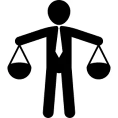 Man with two objects in his hands looking like a human balanced scale