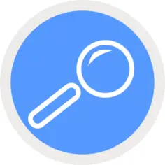 Vector drawing of round blue icon with magnifying glass