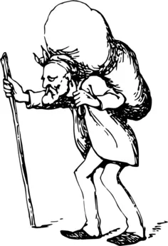 Vector drawing of comic character old man carrying a sack on his back