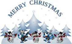 Snowman and dancing raindeer with guitar Merry Christmas greeting card vector illustration