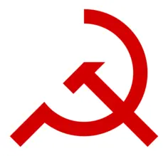 Vector illustration of tilted sickle and hammer red sign