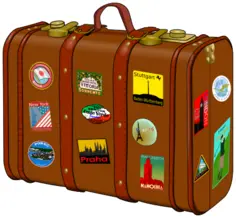Suitcase with travel stickers vector drawing