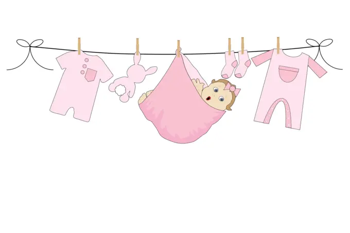 Comic baby girl on clothesline