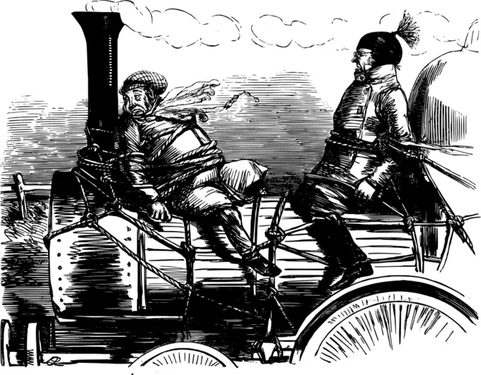 Vector imge of two guys tied to a locomotive