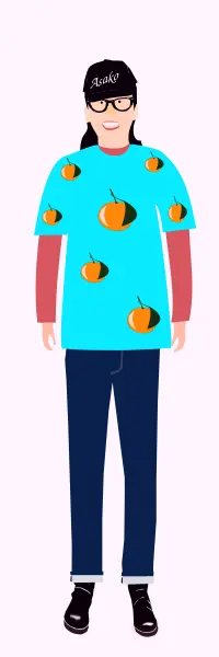 Vector graphics of trendy girl in light blue t- shirt with orange pattern