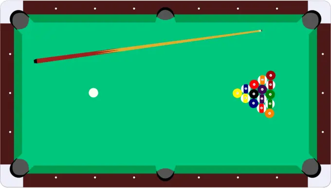 Vector clip art of pool table with cue and balls top view