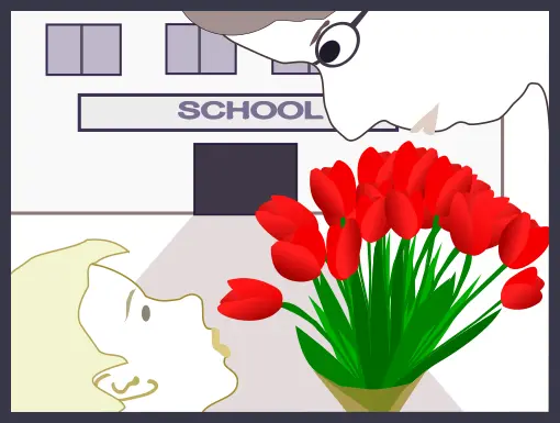 Student gives flowers to teacher vector illustration