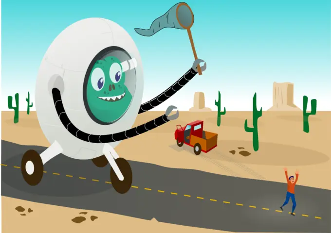 Alien running behind man vector illustration