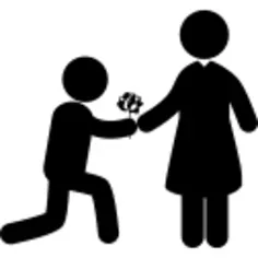 Man giving a flower to his girlfriend as love symbol in romantic posture on his knee