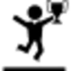 Winner student with competition trophy jumping of happiness