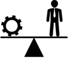 Balancing between cogwheel and businessman