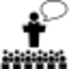 Big group of small students with giant professor in front of the class talking