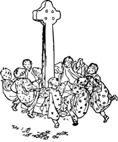 Kids dancing around the Celtic cross vector drawing